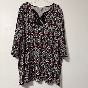 CJ Banks Stud Embellished V-Neck Short Sleeve‎ Black Fuchsia Blouse Size 3X